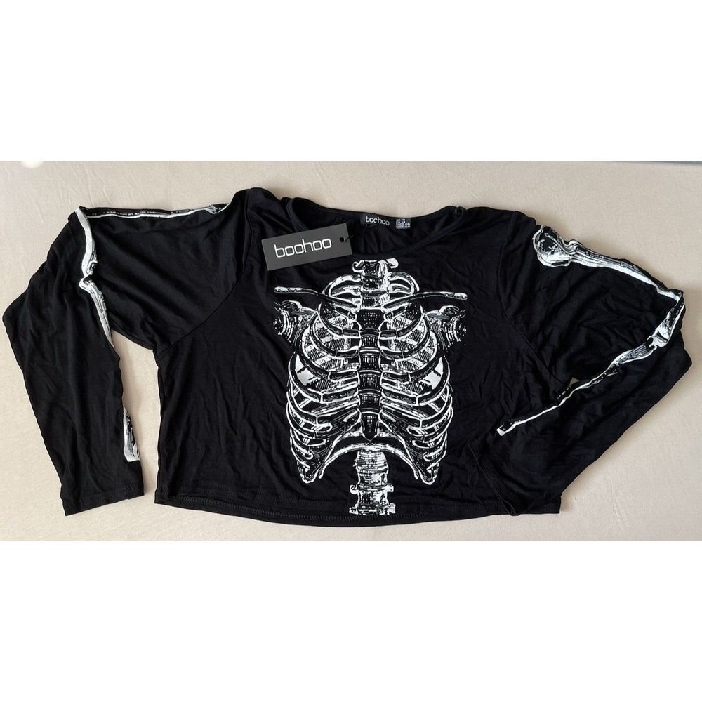 Boohoo‎ Halloween Skeleton Crop Top Shirt Size 14 Women's Halloween Costume